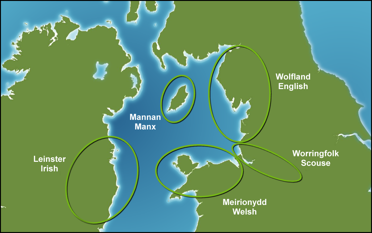 a map of the Irish Sea with territories labelled Leinster, Mannan, Meirionnydd, Wolfland and Worringfolk - and languages spoken in the respective territories Irish, Manx, Welsh, English and Scouse