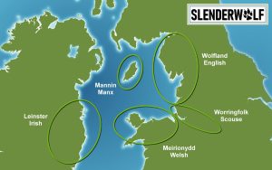 a map of the Irish Sea with territories labelled Leinster, Mannin, Meirionnydd, Wolfland and Worringfolk - and languages spoken in the respective territories Gaelic, Manx, Welsh, English and Scouse
