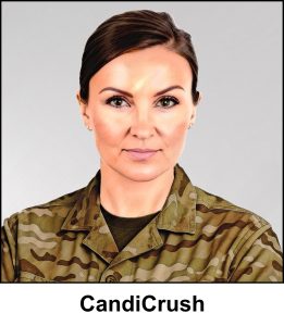 A watercolour painting of a smart, attractive 33 year old female military officer with chestnut coloured eyes, and medium ash brown hair. Her hair is brushed back into a tight bun behind her head. There's a look of concentration on her face and she has a hint of a smile. She's wearing gold stud earrings, dark eye shadow, and pale pink lipstick. Over a dark olive T shirt Commander Crush is wearing MTPs (Multi Terrain Pattern, AKA camouflage)