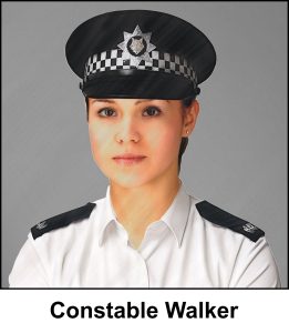 A watercolour painting of an attractive British police officer aged about 25 years old, looking smart and authoritative in her summer uniform. She is wearing a peaked cap with a chequered band, and a silver badge depicting a wolf's head. White blouse, no tie, and black epaulettes with silver numerals saying 49. She has simple silver stud earrings. The image is labelled Constable Walker.