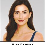 A watercolour painting of the music teacher. An attractive lady in her late twenties with a polite, professional smile. She has long chestnut brown hair with a gentle wave, and delightful hazel coloured eyes. She is wearing tiny silver stud earrings, and a very thin silver necklace. The strap of her blue summer dress is visible over her left shoulder, and is obscured by her hair flowing across her right shoulder. Her skin is soft and natural, and she clearly takes pride in her appearance. The image is labelled Miss Fortune.