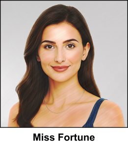 A watercolour painting of the music teacher. An attractive lady in her late twenties with a polite, professional smile. She has long chestnut brown hair with a gentle wave, and delightful hazel coloured eyes. She is wearing tiny silver stud earrings, and a very thin silver necklace. The strap of her blue summer dress is visible over her left shoulder, and is obscured by her hair flowing across her right shoulder. Her skin is soft and natural, and she clearly takes pride in her appearance. The image is labelled Miss Fortune.