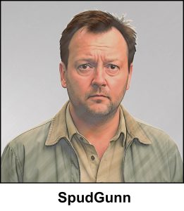 A watercolour picture of a 30 year old fat man with dark brown, wind-tousled hair, which is receding a little. He is wearing a beige shirt and a khaki jacket. He has sad brown eyes, and an anxious look on his face. He hasn't shaved for a week and generally looks clueless. The image is labelled SpudGunn