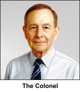 A watercolour painting of a 70 something man. He has short neat fair hair, and proud chestnut coloured eyes. His forehead and face have no wrinkles, but his jaw and his chin, and the mild folds of skin on his neck reveal that he’s quite old. He has a neutral expression as if posing for a regimental portrait. He is wearing a pale blue dress shirt and his cricket club tie, which has bold stripes of Royal blue, dark blue and silver.