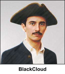 A watercolour painting of a pirate Captain. A 40 year old man with short dark hair and dark hazel coloured eyes. He is a short, slim, smartly dressed man with a moustache, and a calm expression on his face. A tactician not a warrior. He has a blue jacket with gold buttons, over a plain white shirt and he’s wearing a black tricorn hat with gold edging. Out of shot, his weapon of choice is a narrow rapier. The image is labelled BlackCloud.