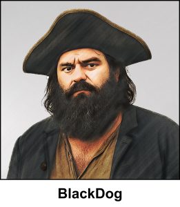 A watercolour painting of a pirate, he's the first mate (the second in command). A 45 year old man with straggly unkempt dark hair, an untidy full beard, and dark chestnut coloured eyes. He is frowning. He's a big, fat man, and he's wearing shabby clothes. A black bicorn hat with gold edging, a beige sackcloth shirt and a grey heavy jacket with gold buttons. the image is labelled BlackDog.