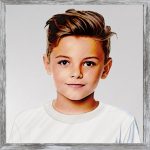 A watercolour painting of orphan FullyCharged, a hyperactive 8 year old boy, he has plenty of golden brown hair on top, which at the sides is neatly under control. His eyes are a deep chestnut colour - uncharacteristically calm in this pose he has a neutral expression with a hint of a smile - he is wearing a white T shirt - the image is labelled FullyCharged