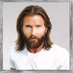 A watercolour painting of a bearded young man aged about twenty posing for a headshot - he has long hair down to the top of his shoulders with a colour that varies from golden blond to bronze to light brown - the beard is well groomed and his hair is neat if a bit long - his eyes are blue - his face has a neutral expression and it looks as if he has the merest hint of a frown - he is wearing a white T shirt