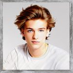 A watercolour painting of an 18 year old young man - he has fly away blonde hair and blue eyes - in this relaxed pose he has a thoughtful and neutral expression - he is wearing a white T shirt