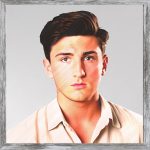 A watercolour painting of a 20 year old man with a plain, slightly puzzled expression on his face. His chestnut eyes are focussed on the camera. He has short dark brown hair with an abundant quiff on top. And a slightly tanned complexion. His beige collared shirt has the top three buttons undone. The image is labelled MickeyWarr.