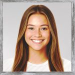 A watercolour painting of an attractive 16 year old girl posing for a headshot - she has gorgeous long dark golden blonde hair - her eyes are dark hazel brown - her face has a picture perfect smile revealing lovely white teeth - medium build, she is wearing a white T shirt - the image is labelled Kayt