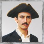 A watercolour painting of a pirate Captain. A 40 year old man with short dark hair and dark hazel coloured eyes. He is a short, slim, smartly dressed man with a moustache, and a calm expression on his face. A tactician not a warrior. He has a blue jacket with gold buttons, over a plain white shirt and he’s wearing a black tricorn hat with gold edging. Out of shot, his weapon of choice is a narrow rapier. The image is labelled BlackCloud.