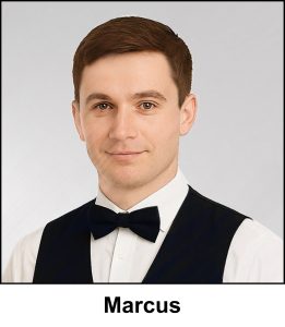 A watercolour painting of of a young man in his early twenties. He has neat well groomed short hair, hazel eyes and a calm smile.Marcus looks like the archetypal waiter, white shirt, black waistcoat and bow tie. He works in the family business, a posh restaurant called Magnum Opus. He plays cricket for Lancaster, and he runs a Irish folk group called The Filthy Peasants (pianist and more).
