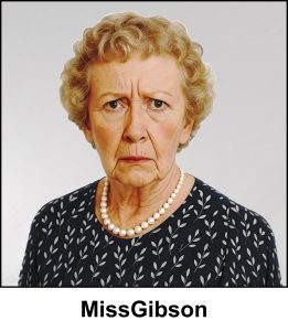 A watercolour painting of a 73 year old lady with short golden blonde curly hair with traces of grey. Mel Gibson lives in a retirement home and suffers from dementia. Her eyes are brown and she has a confused expression. She is wearing a navy blue dress with a simple printed pattern of white leaves. She wears a necklace which is a single line of pearls, but no earrings. The image is labelled MissGibson.