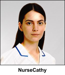 A watercolour painting of a 25 year old nurse with long, dark chocolate hair, and beautiful chestnut coloured eyes. She has a soft tender complexion and a simple professional smile. No cosmetics and no jewellery. Her uniform is white with some trim along the collar in Royal blue. The image is labelled NurseCathy.