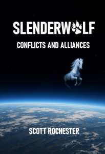 Book front cover - a view of planet Earth from space - the top two thirds of the cover show outer space in black - the lower third shows cloud cover of about 20% revealing a mix of greens and blues, and indistinct divisions of land and sea - the horizon is prominent with various shades of hazy blues and whites. - All in capitals, in white, the top boldly proclaims SLENDERWOLF as one word - in place of the letter O there's a graphic representing the paw print of a wolf - below that, in a slightly smaller font, the remainder of the title says CONFLICTS AND ALLIANCES - There is no sub title -Overlaid in white capitals across the bottom of the cover is the author's name SCOTT ROCHESTER - Super imposed on the black in the centre of the cover, slightly over to the right, is an image of a graceful, ghostly, white horse appearing to emerge from the cover - the head, neck and forelegs are clear - the body becomes progressively vague as it disappears into the background - the hind legs cannot be seen.