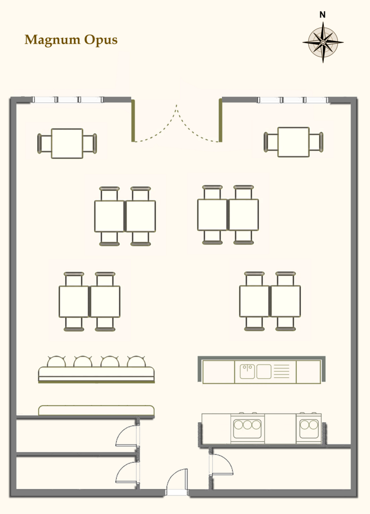 A digital floorplan of a small cosy café and restaurant, featuring a principal room seating only 20 guests in a mix of tables arranged for 2 or 4. The double door sat the north open onto the Market Square. At the opposite end, the bar and kitchen abut the dining space, both with an open hatchery arrangement. Beyond that are the toilets and a small store room. A small single rear door is for staff only. Magnum Opus is the poshest restaurant in town, made by combining two old stone cottages together. The owners and their adult children live on the first floor. All four are really friendly, and their establishment is quite special.