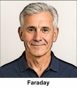 A watercolour picture of a kind, mature man in his sixties. He has an abundant smile, lovely chestnut brown eyes, and traces of a few wrinkles. His grey hair is short and well groomed. He is wearing a navy blue polo shirt. The background is a plain grey wall, and the image is labelled Faraday. Michael Scott is nicknamed Faraday because he's an electrical and mechanical engineer.