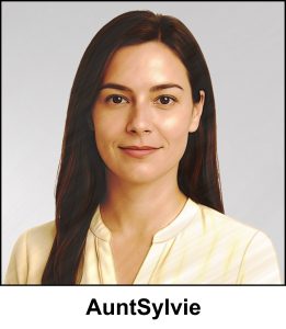 A watercolour painting of Aunt Sylvie, the Governess of the Noble Coliseum, smiling without parting her lips. Aged about 30, she has beautiful, long, hazel brown hair and light chestnut brown eyes. She is wearing a simple pale yellow blouse, light cosmetics, no jewellery not even earrings, allowing her natural beauty to stand out. The images is labelled AuntSylvie.