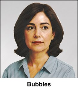 A watercolour painting of a lady in her late thirties. She has dark brown wavy hair which stops just short of her collar. Her deep brown eyes are looking at something (a school pupil) out of shot on her left. Her expression is neutral, although she looks as if she might be about to frown. She has tiny gold stud earrings and modest cosmetics. She is wearing an open neck, medium blue blouse. The image is labelled “Bubbles” which is the name Madame Troyes prefers. Except when she’s working as a primary school teacher, when she is always “Madame Troyes”.