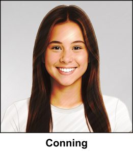 A watercolour painting of an attractive young girl aged 16. She has gorgeous long medium ash brown hair and her eyes are dark chestnut brown. Her face has a picture perfect smile revealing lovely white teeth. She is wearing a plain white T shirt (and blue jeans out of shot). The image is labelled Conning (Manx, pronounced KonYing, meaning bunny).