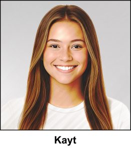 A watercolour painting of an attractive 16 year old girl posing for a headshot - she has gorgeous long dark golden blonde hair - her eyes are dark hazel brown - her face has a picture perfect smile revealing lovely white teeth - medium build, she is wearing a white T shirt - the image is labelled Kayt (Manx, pronounced Cat, meaning kitty)