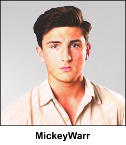 A watercolour painting of a 20 year old man with a plain, slightly puzzled expression on his face. His chestnut eyes are focussed on the camera. He has short dark brown hair with an abundant quiff on top. And a slightly tanned complexion. His beige collared shirt has the top three buttons undone. The image is labelled MickeyWarr.