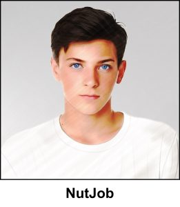 A watercolour picture of a charming young man aged 16. He has neat well groomed brown hair, his eyes are bright blue, and his face has an almost neutral expression although it looks as if he's concentrating. He's wearing a plain white T shirt against a light grey background. The image is labelled NutJob.
