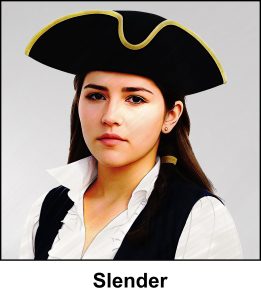 A watercolour painting of a pretty 18 year old young lady. She has long straight black hair, part of which is brought forward into a ponytail held in place with a gold hair band. She is wearing a tricorn hat and has small silver stud ear rings. A gentle face has a hint of a smile. She also has a royal blue waistcoat over a frilly white blouse with an upturned collar. She looks thoughtful and wise. The image is labelled Slender.