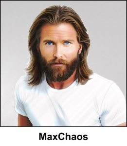 A watercolour painting of a bearded young man aged about twenty posing for a headshot - he has long hair down to the top of his shoulders with a colour that varies from golden blond to bronze to light brown - the beard is well groomed and his hair is neat if a bit long - his eyes are blue - his face has a neutral expression and it looks as if he has the merest hint of a frown - he is wearing a white T shirt - the image is labelled MaxChaos