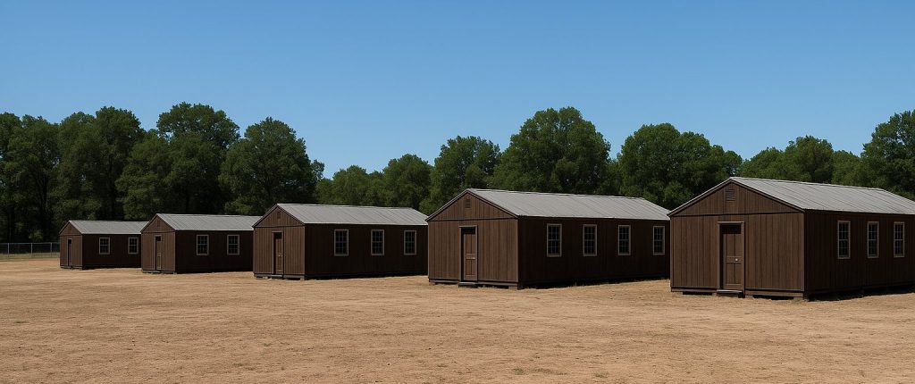 A row of simple wooden huts in the Garrison, surrounded by pale earthen ground. Beyond the perimeter fence are abundant mature green trees, all set against a perfectly clear blue summer sky
