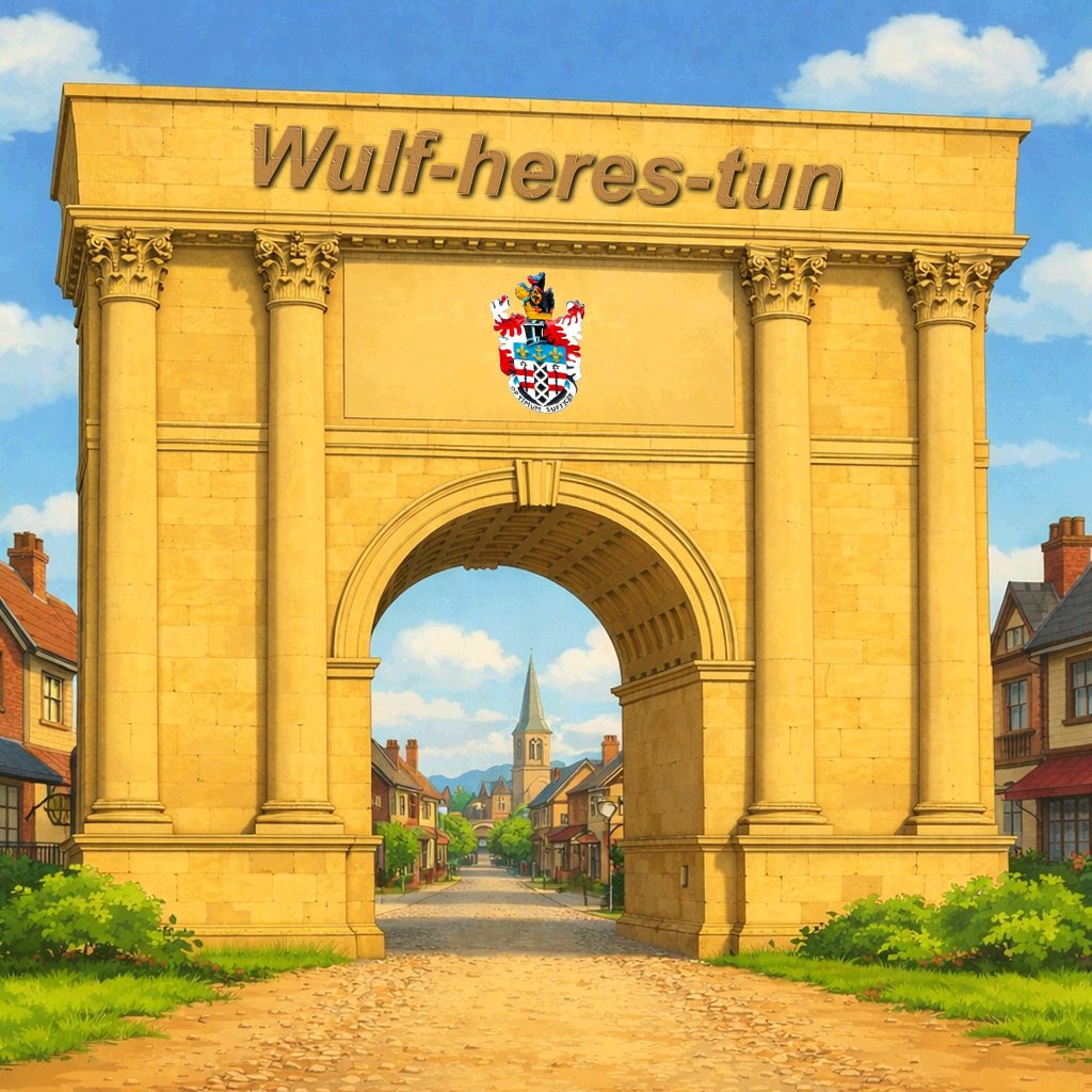 a digital image in the style of a Japanese Manga comic showing a magnificent Victorian archway in sandstone, spanning a gravel road. Visible through the arch and to each side is a typical English town of the 1800s. The Ulverston coat of arms is mounted on the wall above the passage and above that the is the old English name for the town - Wulf-heres-tun