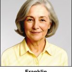 A water color painting of a charming, friendly woman in her sixties. She has a pleasant smile and welcoming chestnut brown eyes. Her grey hair is short, like a bob, but with some waves and a few flowing curls. She is wearing a pastel yellow blouse. The image is labelled Franklin. Bennie Scott, a newspaper editor, is nicknamed Franklin because Benjamin Franklin was also a newspaper editor.