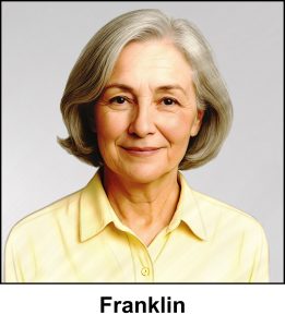 A water color painting of a charming, friendly woman in her sixties. She has a pleasant smile and welcoming chestnut brown eyes. Her grey hair is short, like a bob, but with some waves and a few flowing curls. She is wearing a pastel yellow blouse. The image is labelled Franklin. Bennie Scott, a newspaper editor, is nicknamed Franklin because Benjamin Franklin was also a newspaper editor.