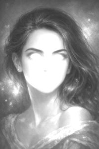 a pencil sketch in greyscale of a pretty lady with long dark hair and an ethereal, mystical face. The eyes appear to shine light, the nose and mouth are indistinct, she wears a shimmering, off the shoulder, ball gown. The background is a soft night sky with abundant starlight