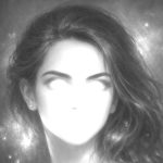 a pencil sketch in greyscale of a pretty lady with long dark hair and an ethereal, mystical face. The eyes appear to shine light, the nose and mouth are indistinct. The background is a soft night sky with abundant starlight