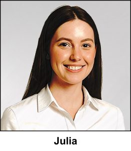 A water colour painting of a waitress aged 22 years old, looking happy and cheerful. She has long dark chocolate brown hair, and deep chestnut brown eyes. A gorgeous smile and perfect white teeth. She is wearing a smart, clean white blouse, and she has no jewellery. The image is labelled Julia Concordia.