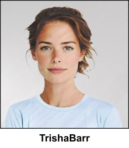 A watercolour painting of of a pretty lady aged 34. She has light natural brown hair styled in a messy updo with a few tendrils. She has a calm, pleasant expression, with a hint of a smile. She is wearing a plain pale blue top, no jewellery, not even earrings and she has minimalist cosmetics. The image is labelled TrishaBarr.