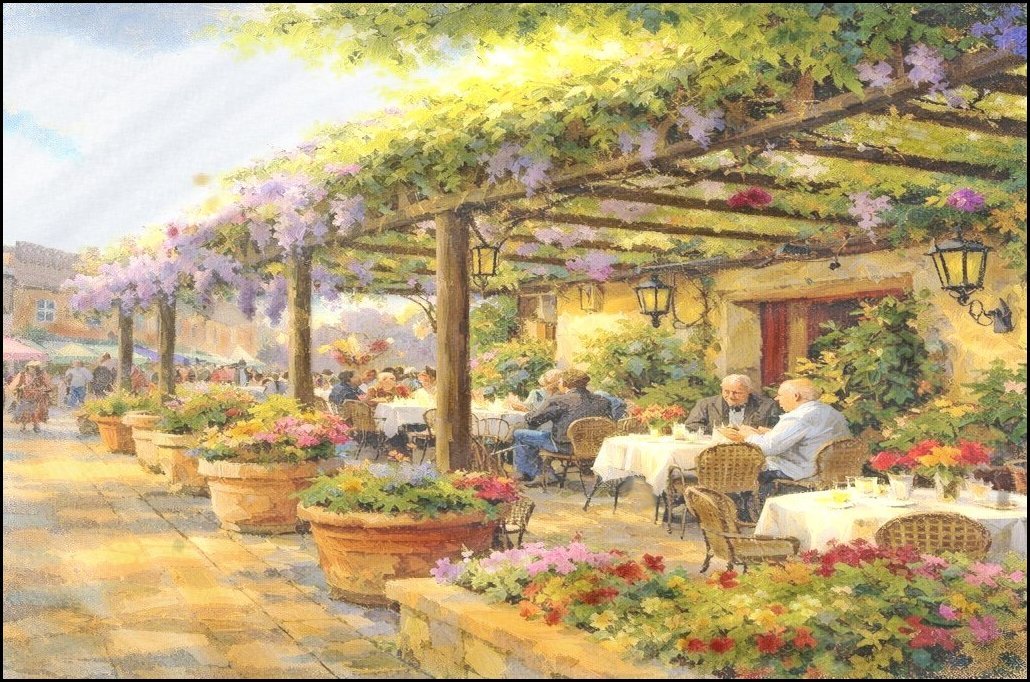  Colourful Impressionist style painting of an outdoor café beneath a flower covered pergola, with people seated at small round tables among potted plants. Sunlight filters through green leaves and purple blossoms, and a Victorian-style English town square with historic buildings appears in the background under a bright, pleasant sky.