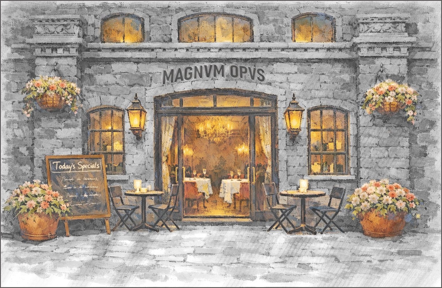 Colourful Impressionist style painting of an posh restaurant with predominantly grey granite stone work, Outside there are small round tables with two seats each. Through the double doors and two window a brightly lit interior shows tables prepared with white table cloths and wine glasses. Three windows on the first floor are lit, but the interior is obscure. Outside two carriage lanterns flank the front door. Colourful flowers are arranged in copper planters and two hanging baskets. The blackboard is headed Today's Specials with a little obfuscated text lower down. The rustic pavement consists of grey flagstones. Above the door in decorative raised stone. the name of Magnum Opus is written Roman style MAGNVM OPVS.