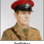 A water colour painting of a British Military Policeman wearing his Number One parade uniform. The smart peaked cap has a black band, a shiny black peak and a red top. Hence MPs are called “red caps” in the UK. The badge shows a wolf's head in silver, on a black disc, mounted on a slightly larger silver disk. The officer is about 25 years old and is posing in a typical military way as if for a recruitment poster. His beige and khaki uniform has a dark brown belt (not seen) with a dark brown shoulder strap (visible). The image is labelled TedTalker.