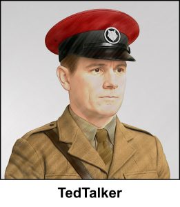 A water colour painting of a British Military Policeman wearing his Number One parade uniform. The smart peaked cap has a black band, a shiny black peak and a red top. Hence MPs are called “red caps” in the UK. The badge shows a wolf's head in silver, on a black disc, mounted on a slightly larger silver disk. The officer is about 25 years old and is posing in a typical military way as if for a recruitment poster. His beige and khaki uniform has a dark brown belt (not seen) with a dark brown shoulder strap (visible). The image is labelled TedTalker.