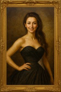 an oil painting of an attractive noble lady with lovely long brown hair. She is aged about 30 and is wearing a low cut sumptuous ball gown in black and silver. She has a warm, sensual smile. Her right arm is resting on her hip. The picture is in an ornate gold frame