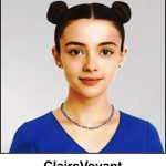 A watercolour painting of a 13 year old orphan girl who vaguely resembles Princess Leia with dark brown hair parted in the middle, creating two pigtails and coiled into buns, secured with bobby pins (the Cinnamon Bun style). She has deep chestnut coloured eyes and a pleasant smile. Her tiny blue ceramic earrings and matching necklace are simple, and match her Royal blue V neck dress. The image is labelled ClaireVoyant.