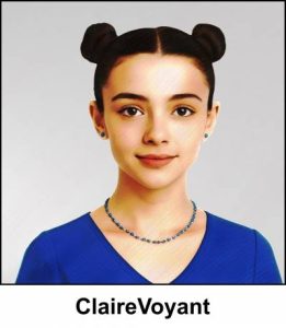 A watercolour painting of a 13 year old orphan girl who vaguely resembles Princess Leia with dark brown hair parted in the middle, creating two pigtails and coiled into buns, secured with bobby pins (the Cinnamon Bun style). She has deep chestnut coloured eyes and a pleasant smile. Her tiny blue ceramic earrings and matching necklace are simple, and match her Royal blue V neck dress. The image is labelled ClaireVoyant.