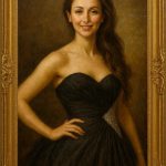 An oil painting of an attractive noble lady with lovely long brown hair. She is aged about 30 and is wearing a low cut sumptuous ball gown in black and silver. She has a warm, sensual smile. Her right arm is resting on her hip. The picture is in an ornate gold frame. At the bases is a brass plaque bearing the name Lady Amanda Farsight