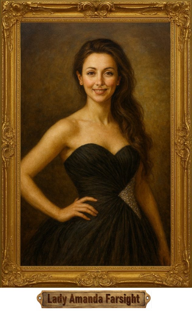 An oil painting of an attractive noble lady with lovely long brown hair. She is aged about 30 and is wearing a low cut sumptuous ball gown in black and silver. She has a warm, sensual smile. Her right arm is resting on her hip. The picture is in an ornate gold frame. At the bases is a brass plaque bearing the name Lady Amanda Farsight