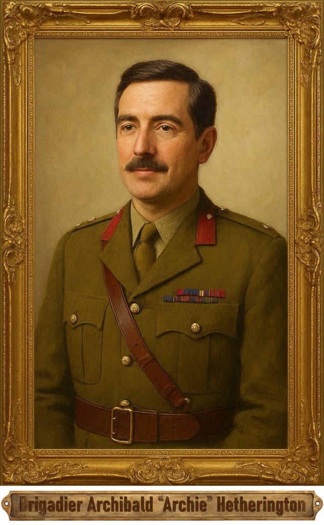 A framed oil painting of one of the fictitious founders of modern day Wolfland, Brigadier Archibald (Archie) Hetherington, wearing his number 1 parade uniform, a tall majestic gentleman with a neat military hairstyle and a contemporary moustache (Brigadier is a UK rank, whereas other armies say Brigadier General). Archie is now retired, a benevolent land owner and farmer, and a strict “law and order” man. Beneath the picture is a brass plaque bearing the name Brigadier Archibald “Archie” Hetherington/