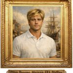 A framed oil painting of Clive Reeves-Morgan. A rugged looking 35 year old man with blond hair with a messy fringe, and a trace of stubble on his well defined jaw. His subtle blue eyes look warm and welcoming as does his half smile. He's standing on the quayside of Glasson Dock circa 2200AD and he's wearing a plain white polo shirt. To the right there is a classic wooden sailing ship with two masts. To his left a row of shops. Awnings, barrels and crates are evident along the shops together with three shoppers.