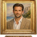 An Oil painting–style portrait of a middle aged man shown from head to chest, with neatly styled brown hair, blue eyes, and light stubble. He wears an open neck white shirt and a beige tweed jacket. He stands on a sandy beach, with a calm sea on the left, green foliage on the right, and a distant granite cliff. The background is softly blended and indistinct, with visible canvas texture and warm, natural tones. Beneath the picture is a brass plaque bearing the name Harry Graham AKA GladHand